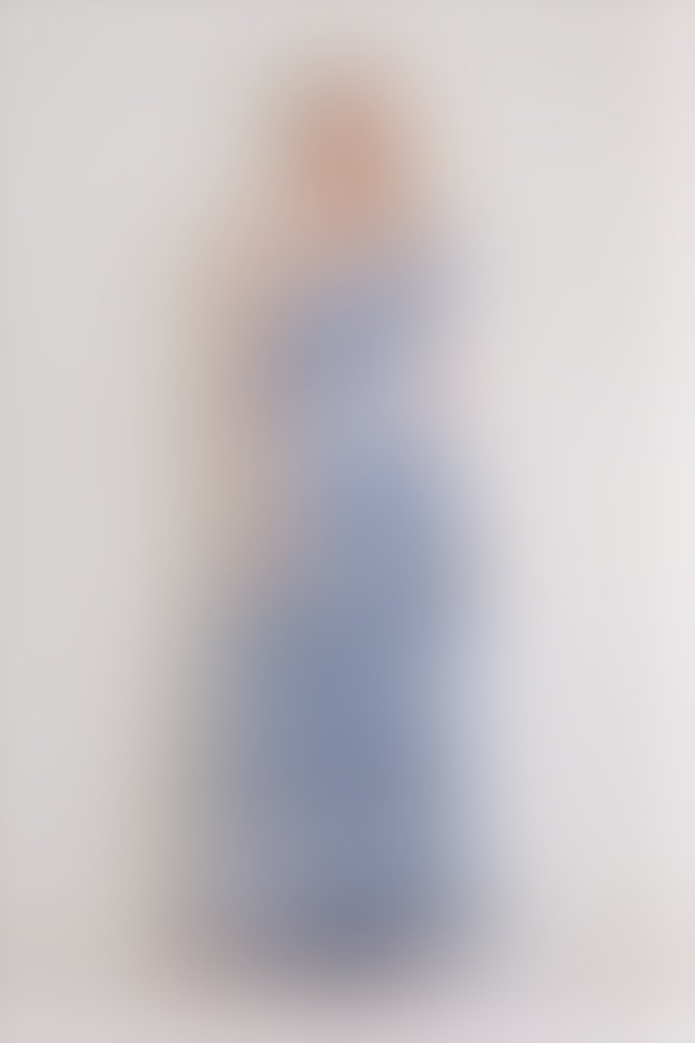 Şerit Detaylı Fırfırlı Uzun V Yaka Lacivert Şifon Elbise