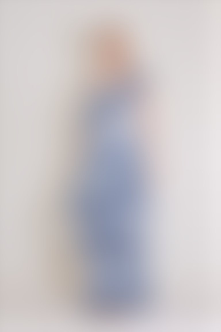 Şerit Detaylı Fırfırlı Uzun V Yaka Lacivert Şifon Elbise