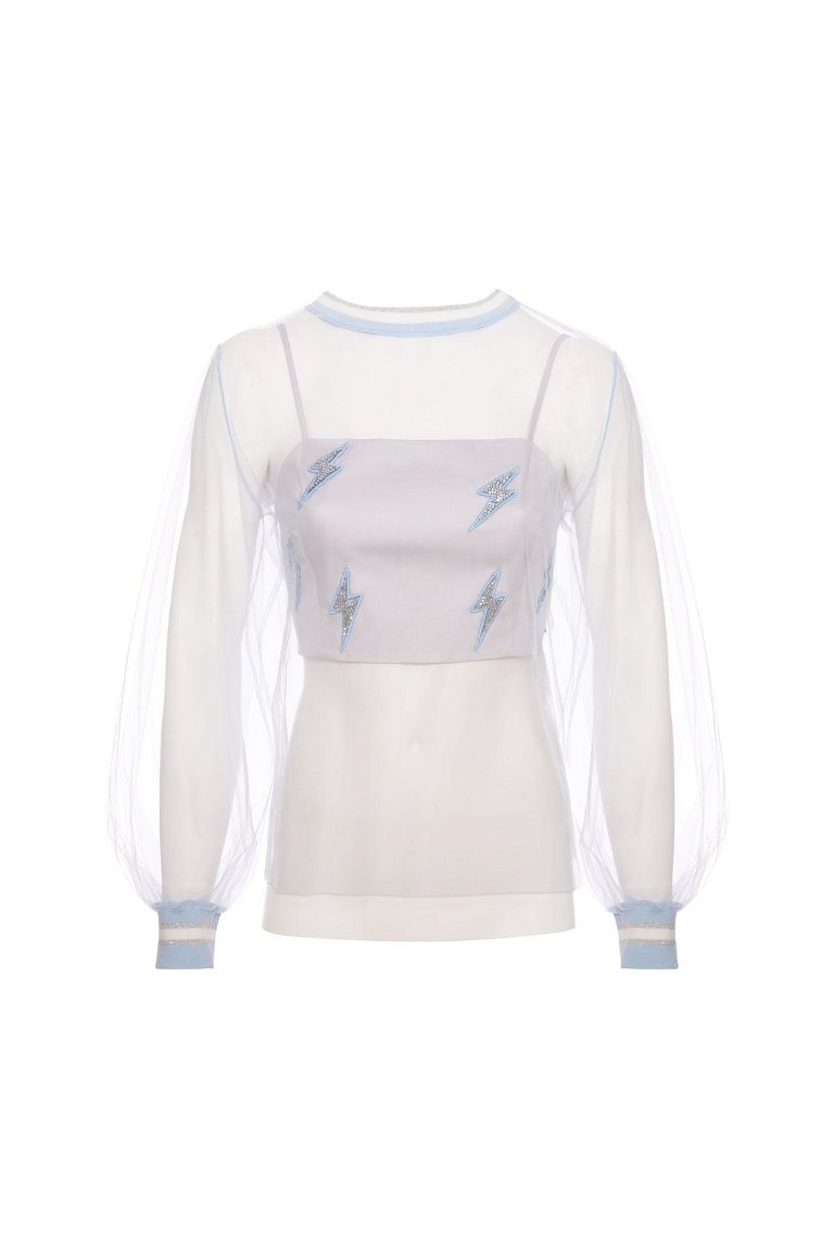  GIZIA - Knitwear And Cuff Detailed Strap Tulle Blue Blouse