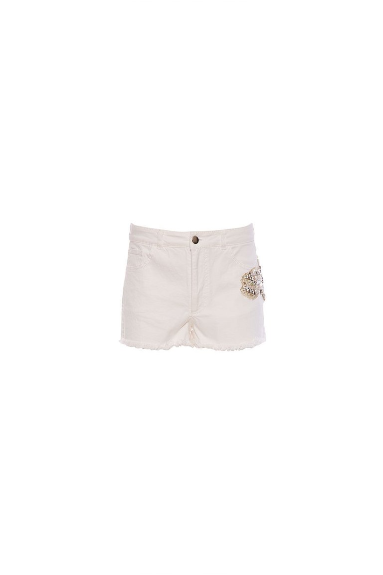  GIZIA - Stone Embroidered Embroidery Detailed White Jean Shorts
