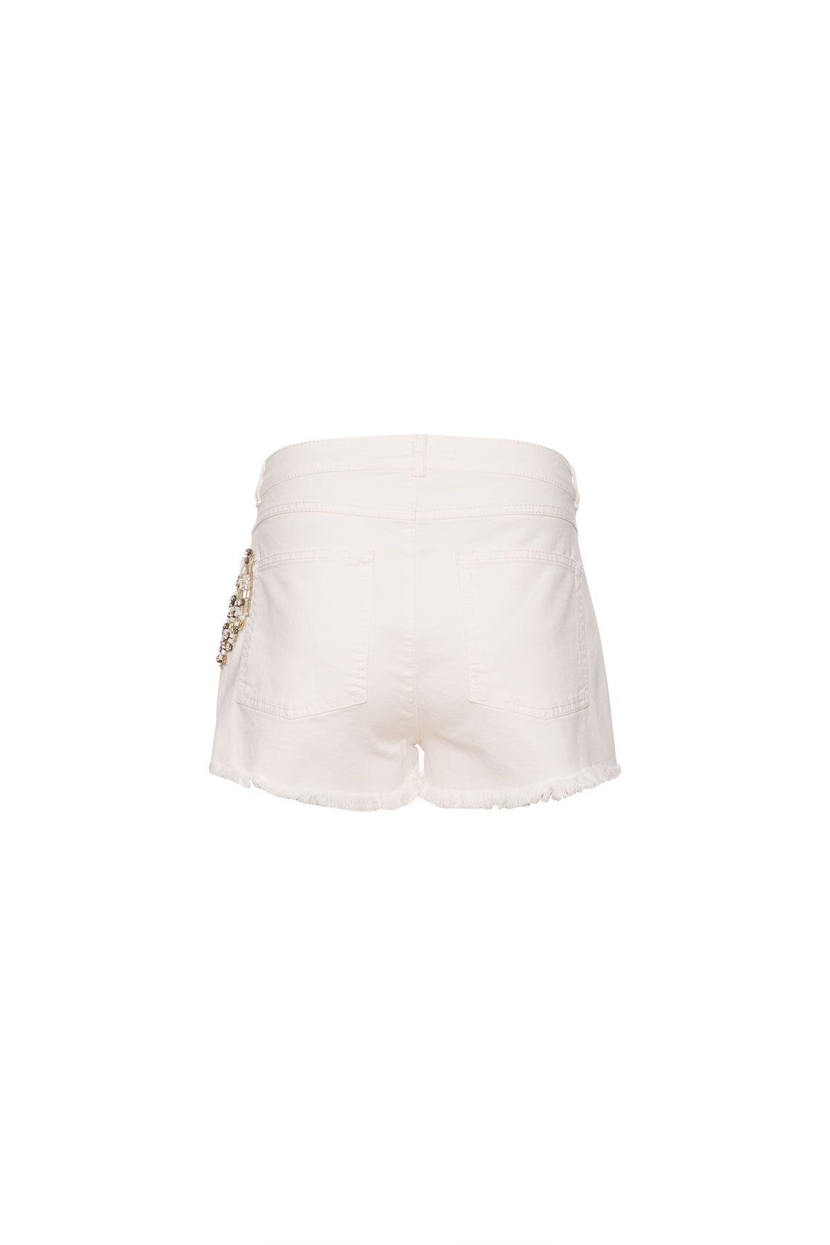 Stone Embroidered Embroidery Detailed White Jean Shorts