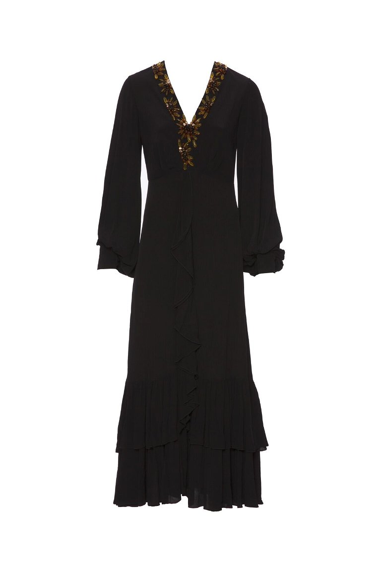  GIZIA - V Yaka İşleme Detaylı Fırfırlı Viskon Uzun Siyah Elbise