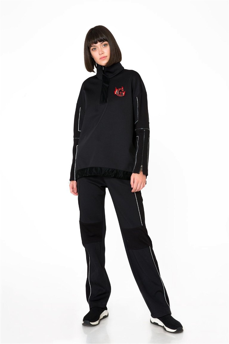 GIZIA SPORT - Collar And Sleeve Zipper Detail Black Sweatshirt