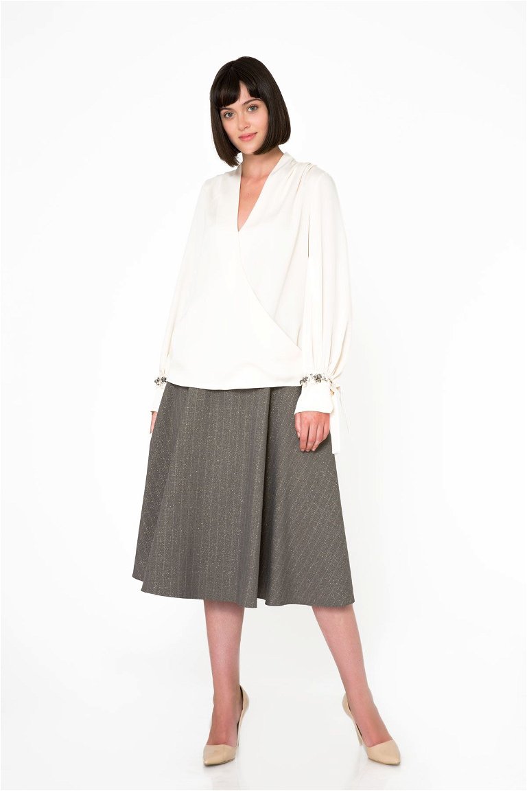 GIZIA - Metallic Stripe Fabric Midi Length Beige Flared Skirt