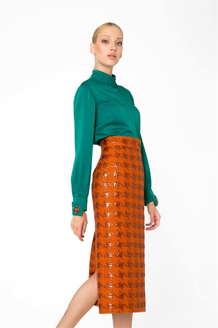GIZIA - Jacquard Midi Length High Waist Orange Skirt