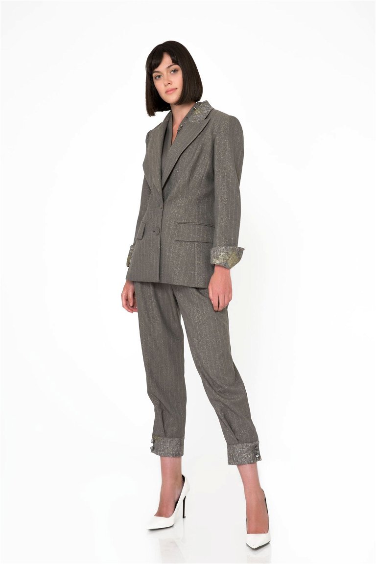 GIZIA - Metallic Collar And Ankle Detailed Gray Blazer Jacket