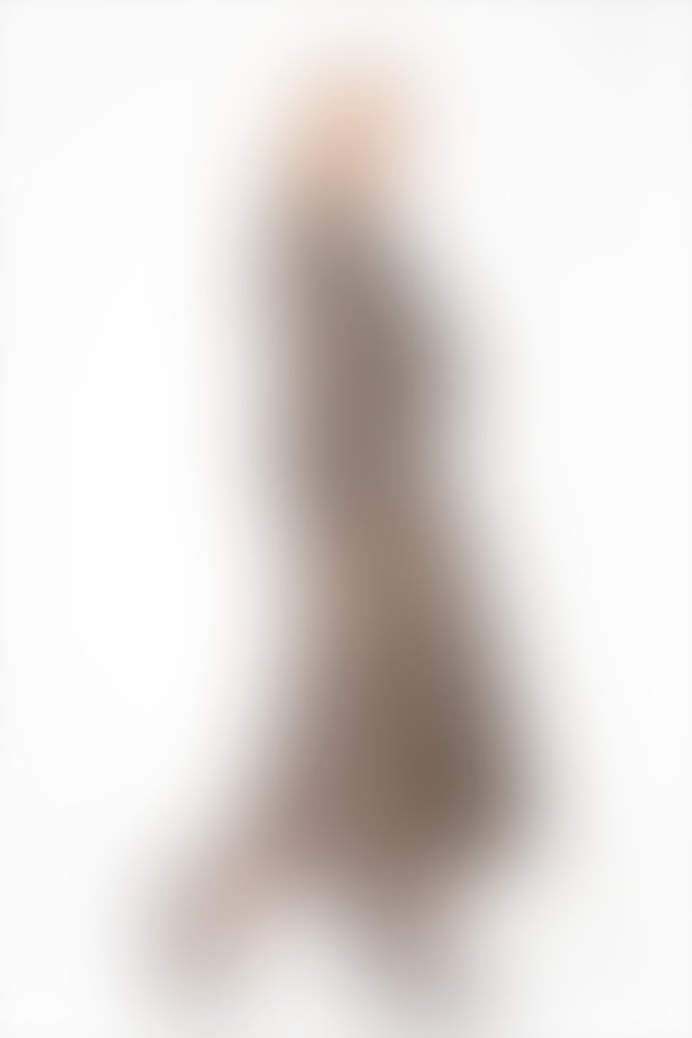 Fırfır Ve Yaka Detaylı Ekose Desenli Ekru Uzun Abiye Elbise