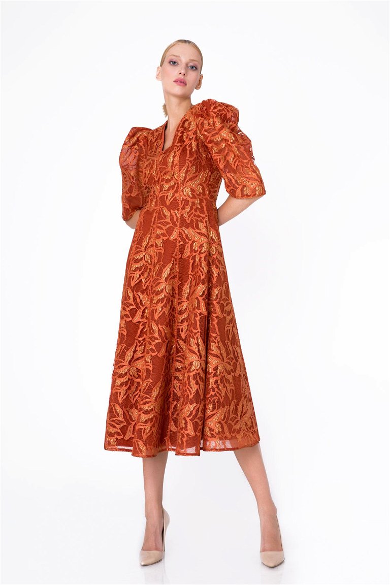 GIZIA - Stripe Detailed Lace Fabric Orange Midi Dress
