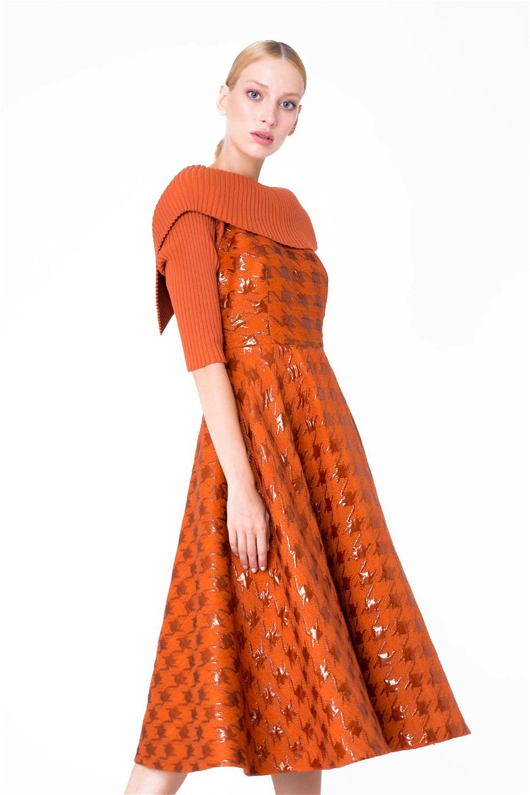 GIZIA - Knitwear Detailed Jacquard Fabric Orange Flared Dress