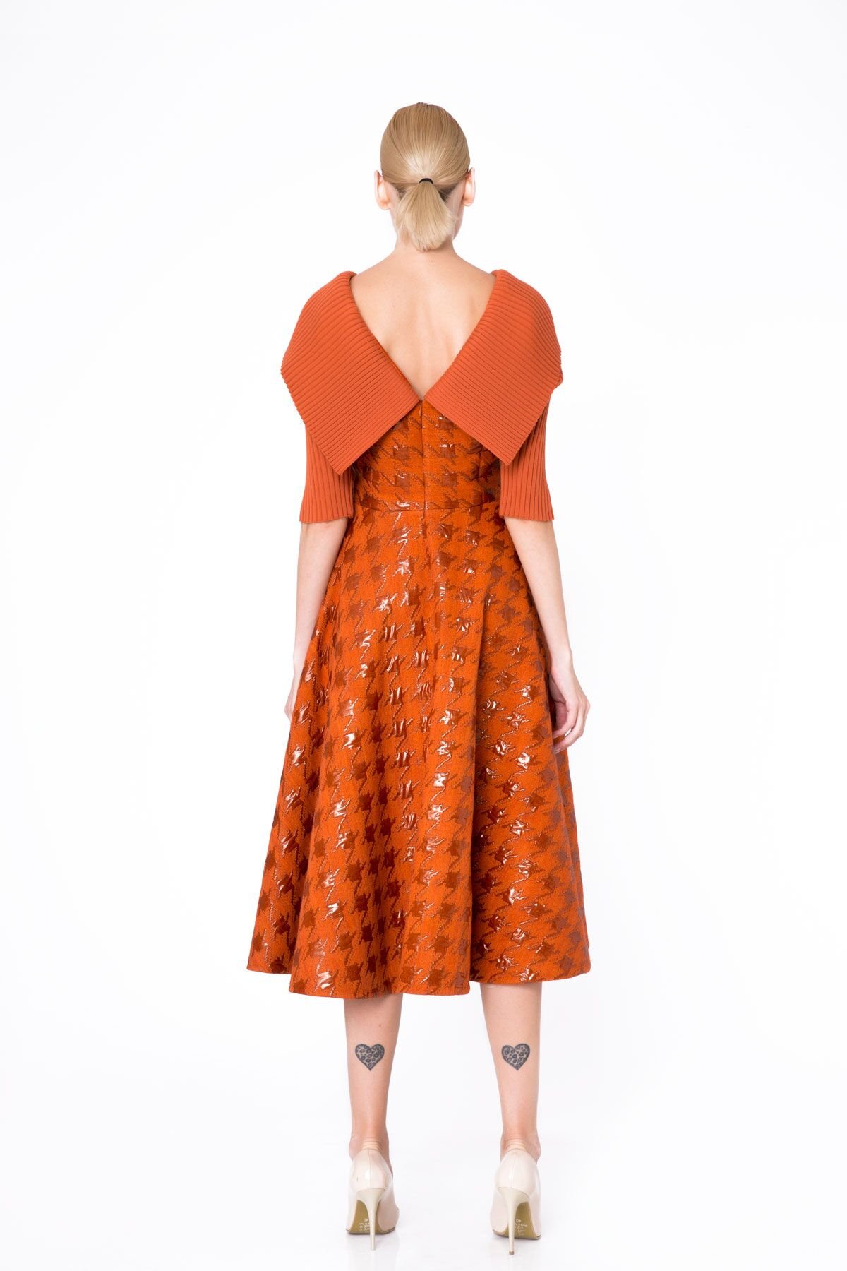 Knitwear Detailed Jacquard Fabric Orange Flared Dress