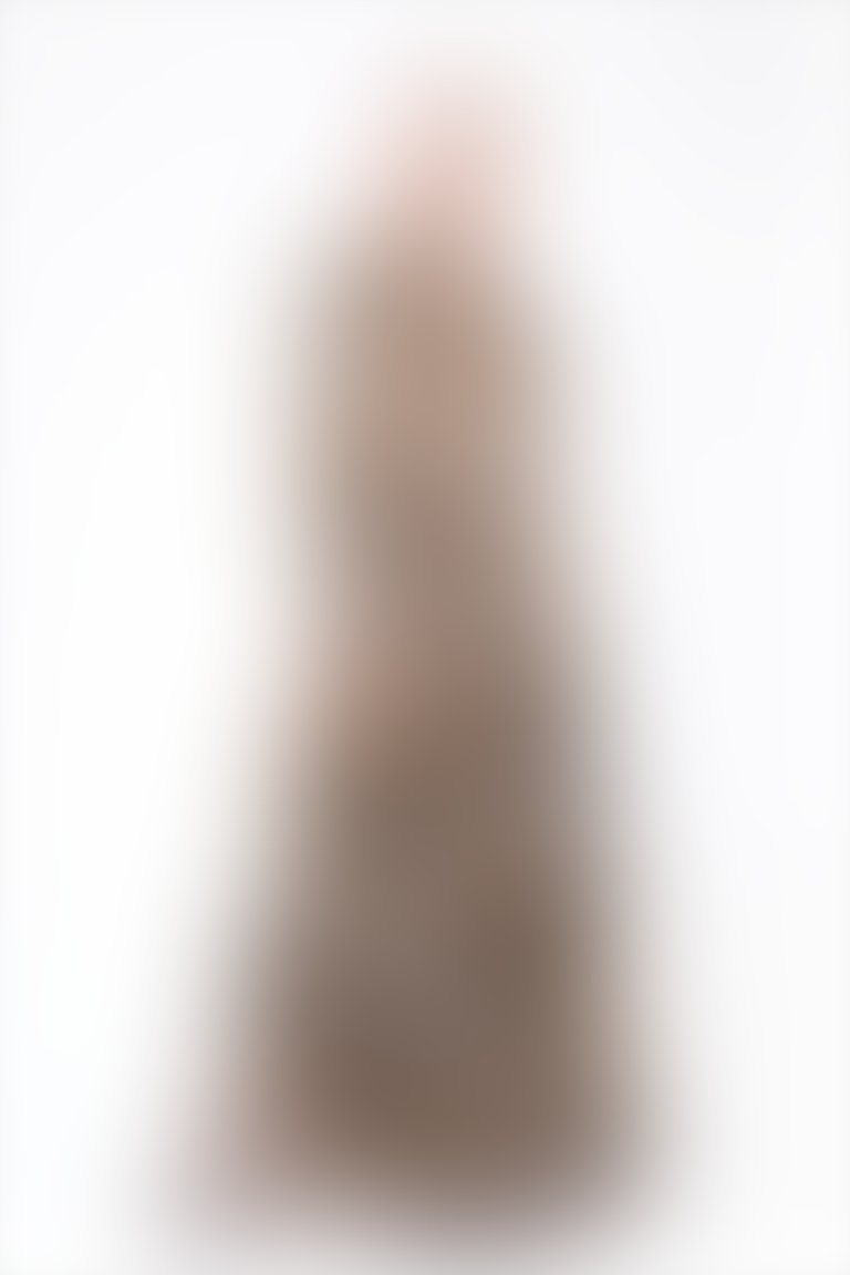 Leopar Desenli Fırfırlı Uzun Ekru Şifon Abiye Elbise