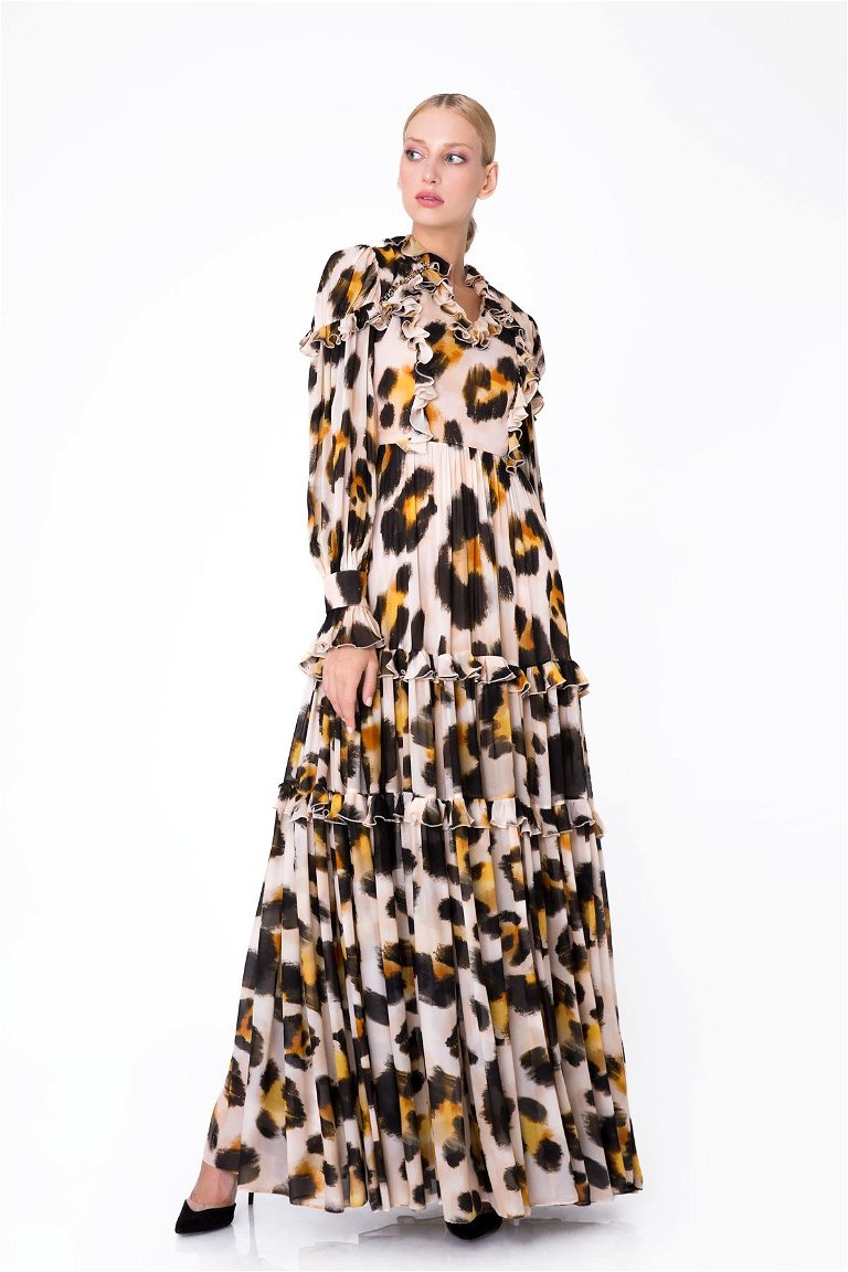 GIZIA - فستان شيفون طويل بتصميم الطبقات ونقشات جلد الفهد
