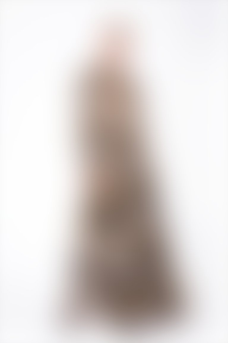 Leopar Desenli Fırfırlı Uzun Ekru Şifon Abiye Elbise