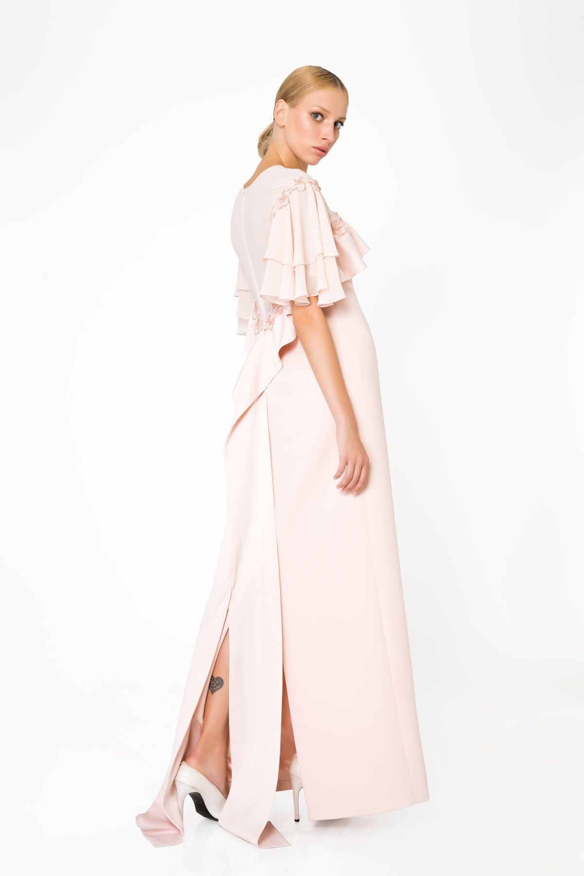 Chiffon And Lace Detailed Salmon Color Evening Dress