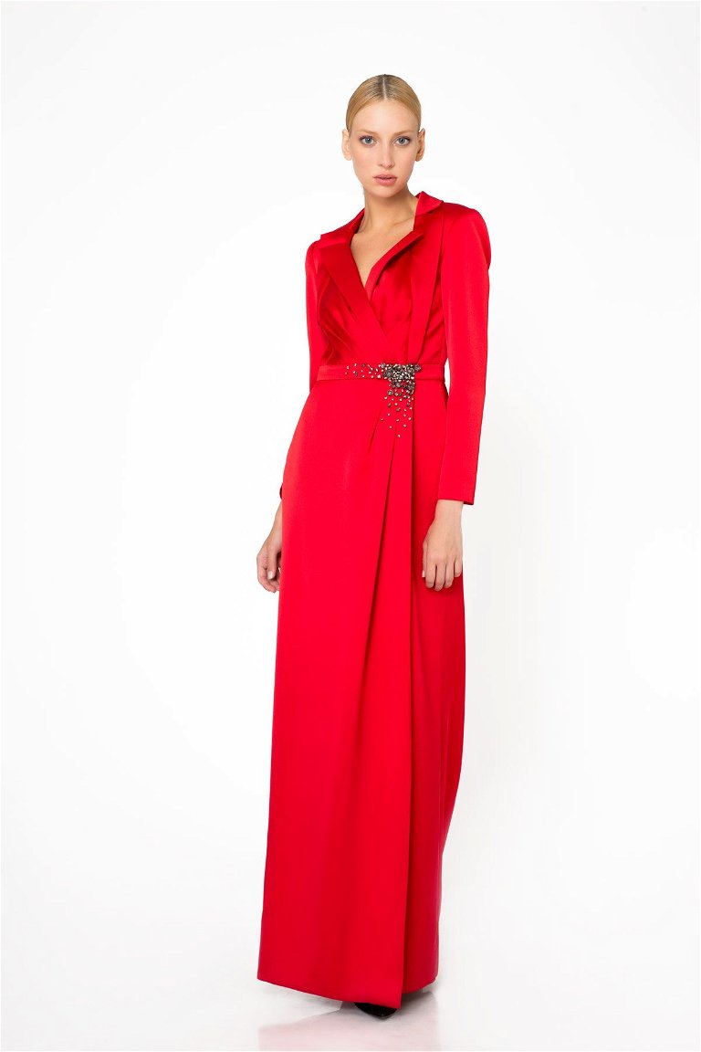  GIZIA - Taş İşleme Detaylı Kırmızı Uzun Gece Elbisesi