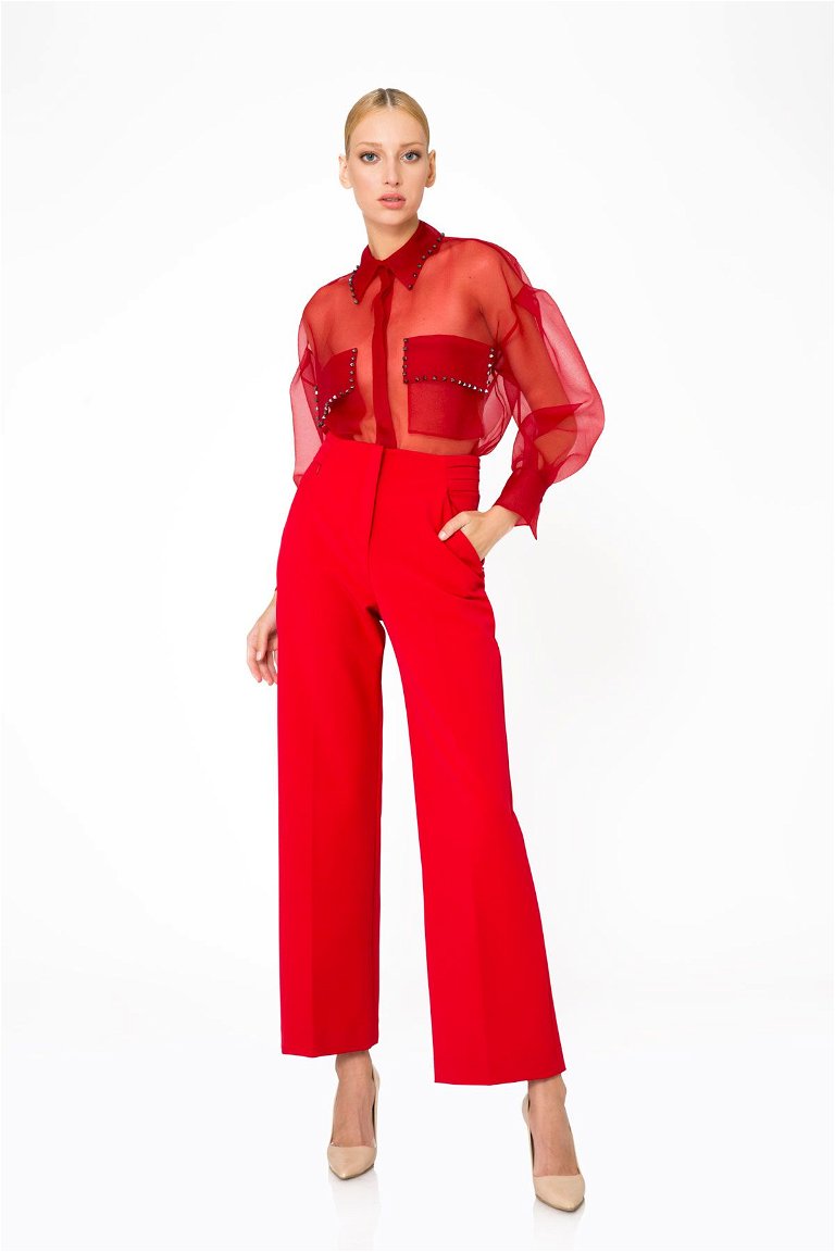 GIZIA - Cep Detaylı Yüksek Bel Kırmızı Pantolon