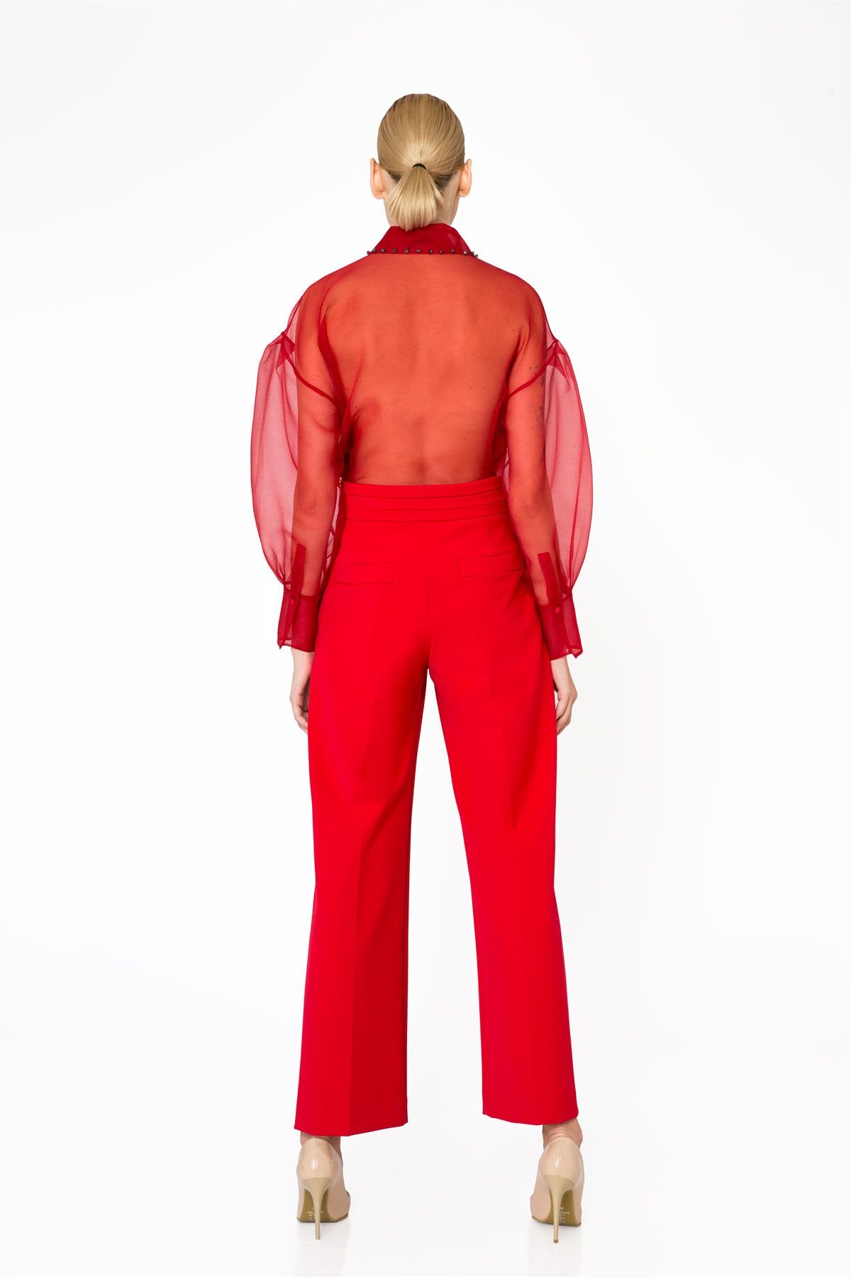 Cep Detaylı Yüksek Bel Kırmızı Pantolon