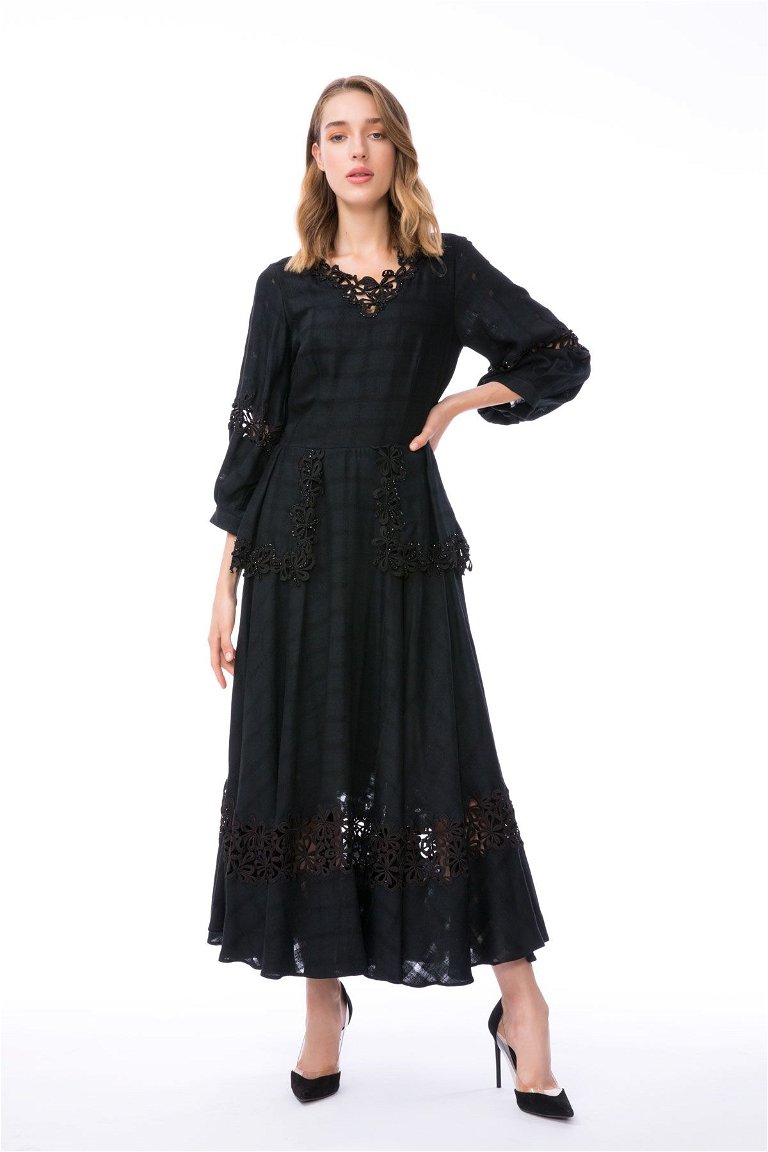  GIZIA - Lace Detailed Midi Length Black Peplum Dress