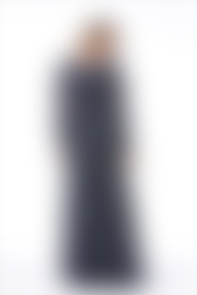 Fırfır Detaylı Uzun Lacivert Şifon Elbise