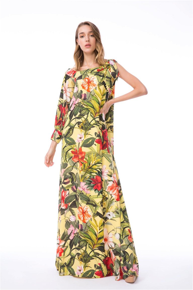  GIZIA - Omuz Bağlamalı Çiçek Desenli Tek Kol Uzun Elbise