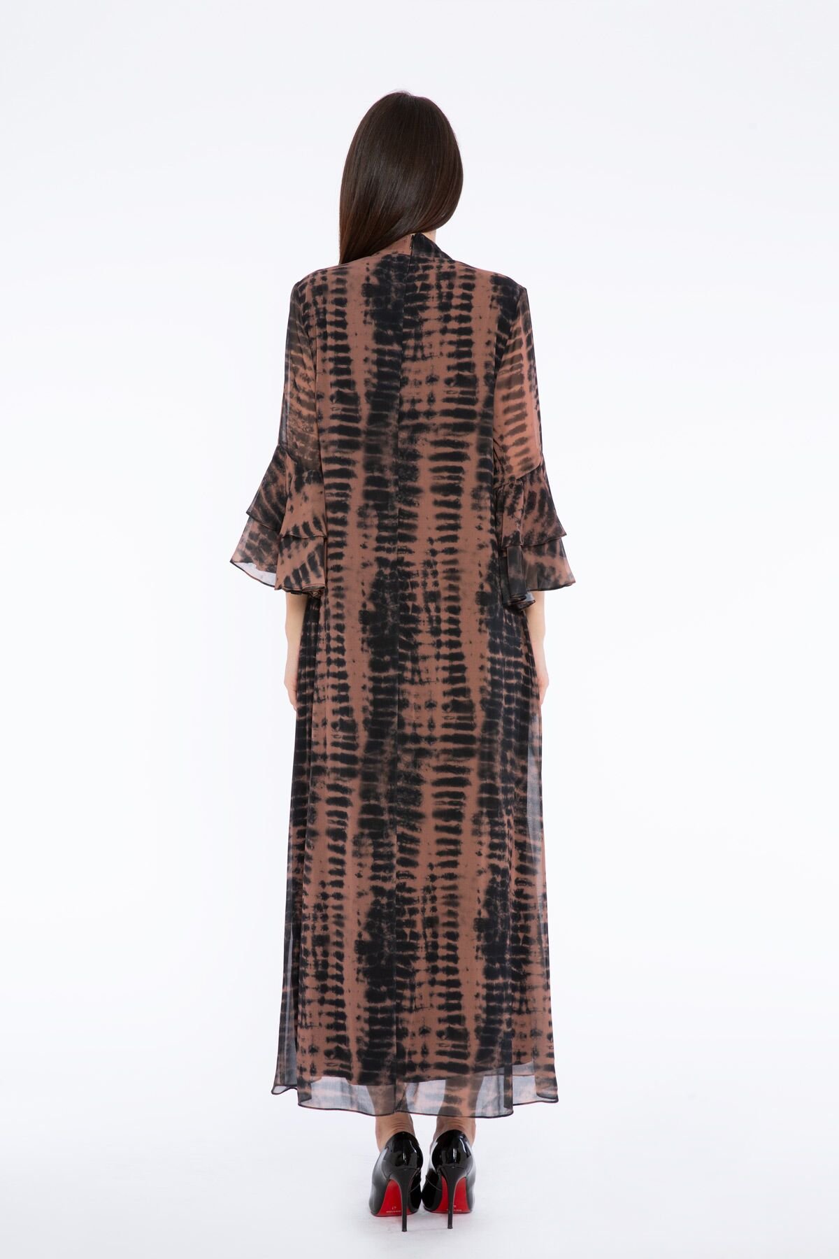 Collar Stone Embroidered Tie Dye Patterned Long Brown Dress