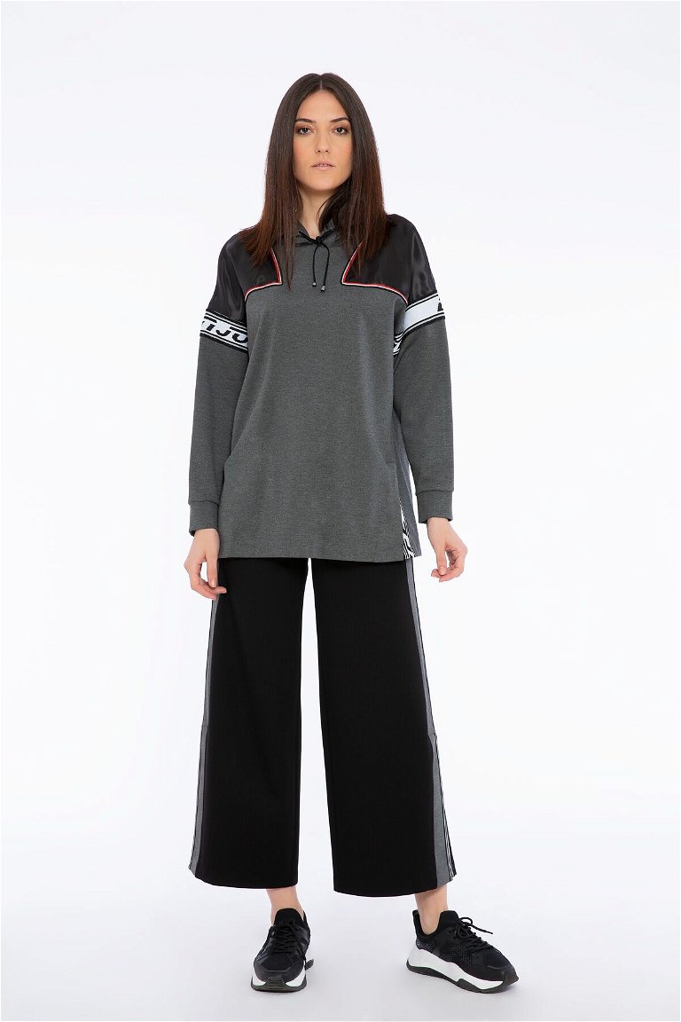 GIZIA SPORT - Transparan Omuz Ve Şerit Detaylı Gri Kapüşonlu Sweatshirt