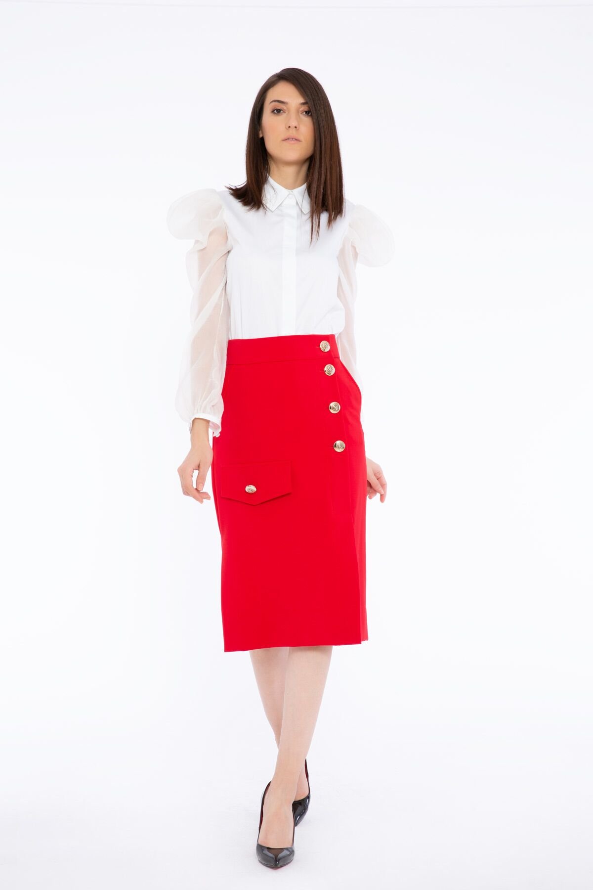 High Waist Midi Length Button And Pocket Detailed Red Skirt