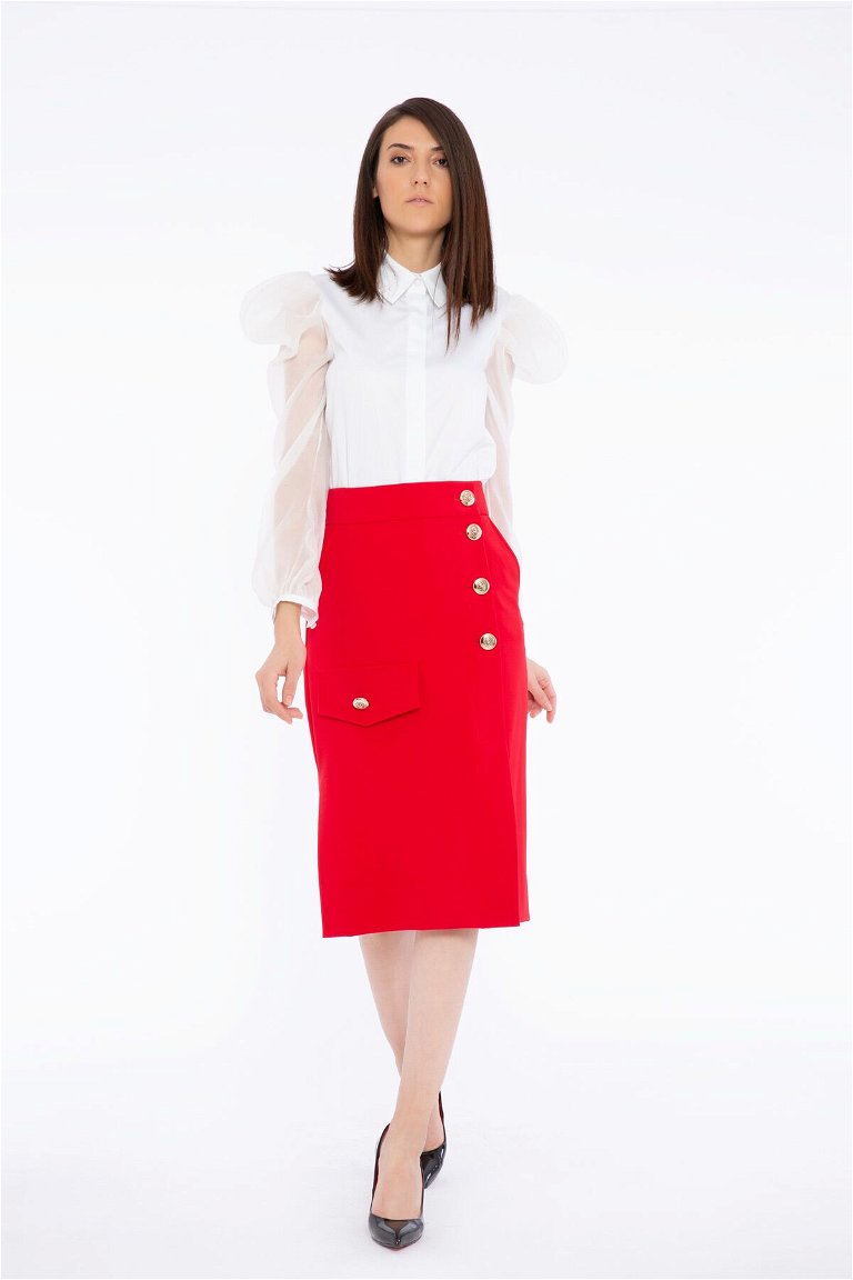 GIZIA - High Waist Midi Length Button And Pocket Detailed Red Skirt