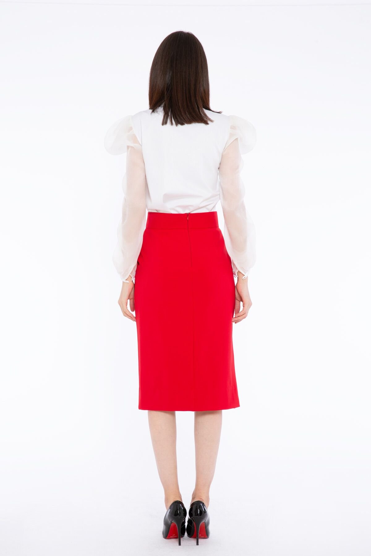 High Waist Midi Length Button And Pocket Detailed Red Skirt