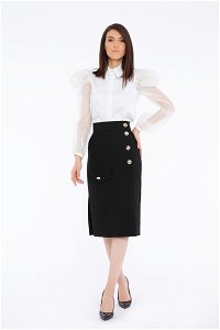  GIZIA - High Waist Midi Length Button And Pocket Detailed Black Skirt