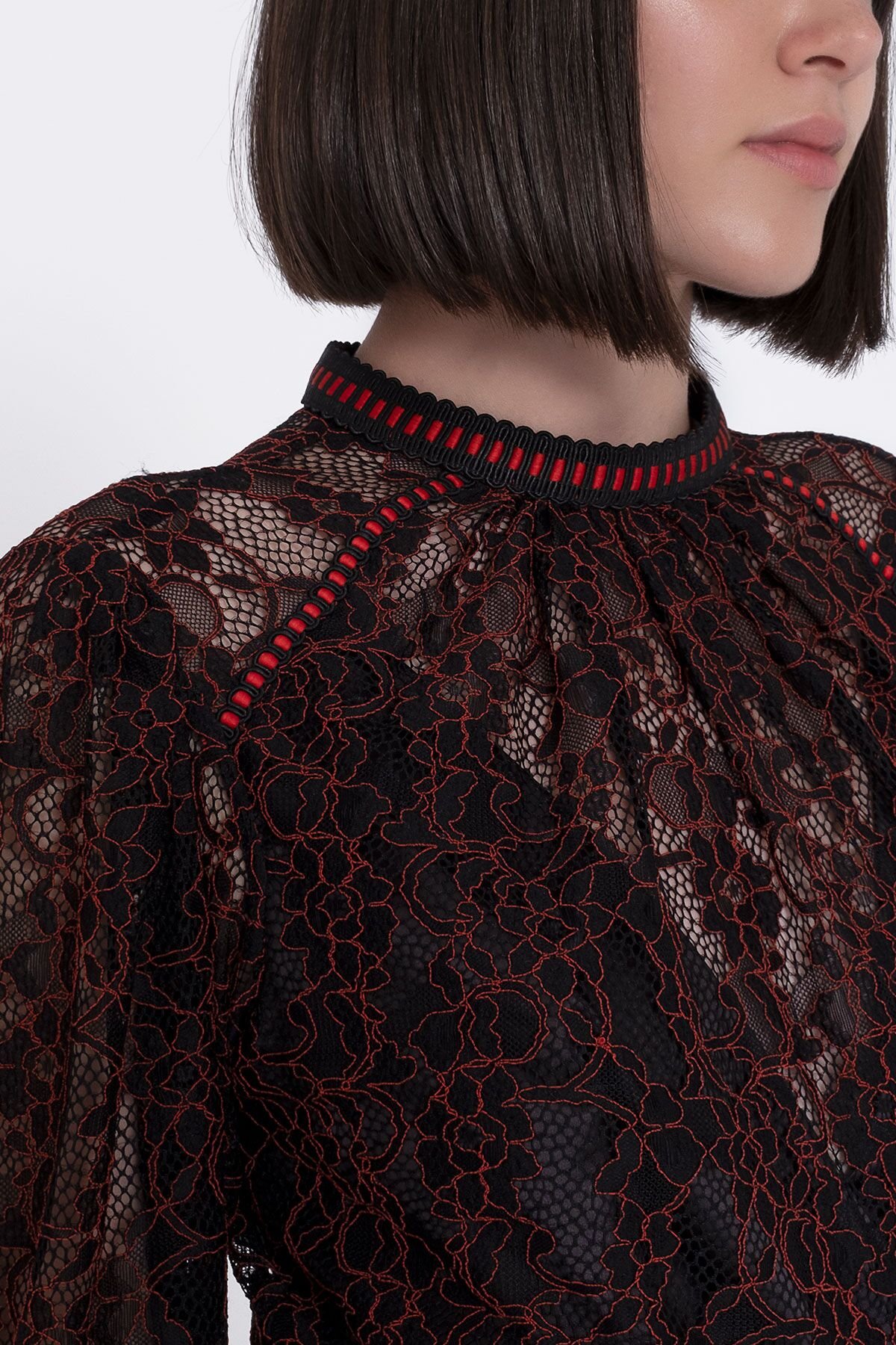 Red Lace And Stripe Detailed Black Blouse