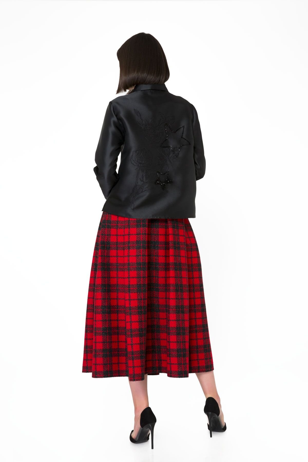 Checked Patterned Tweed Fabric Voluminous Red Skirt