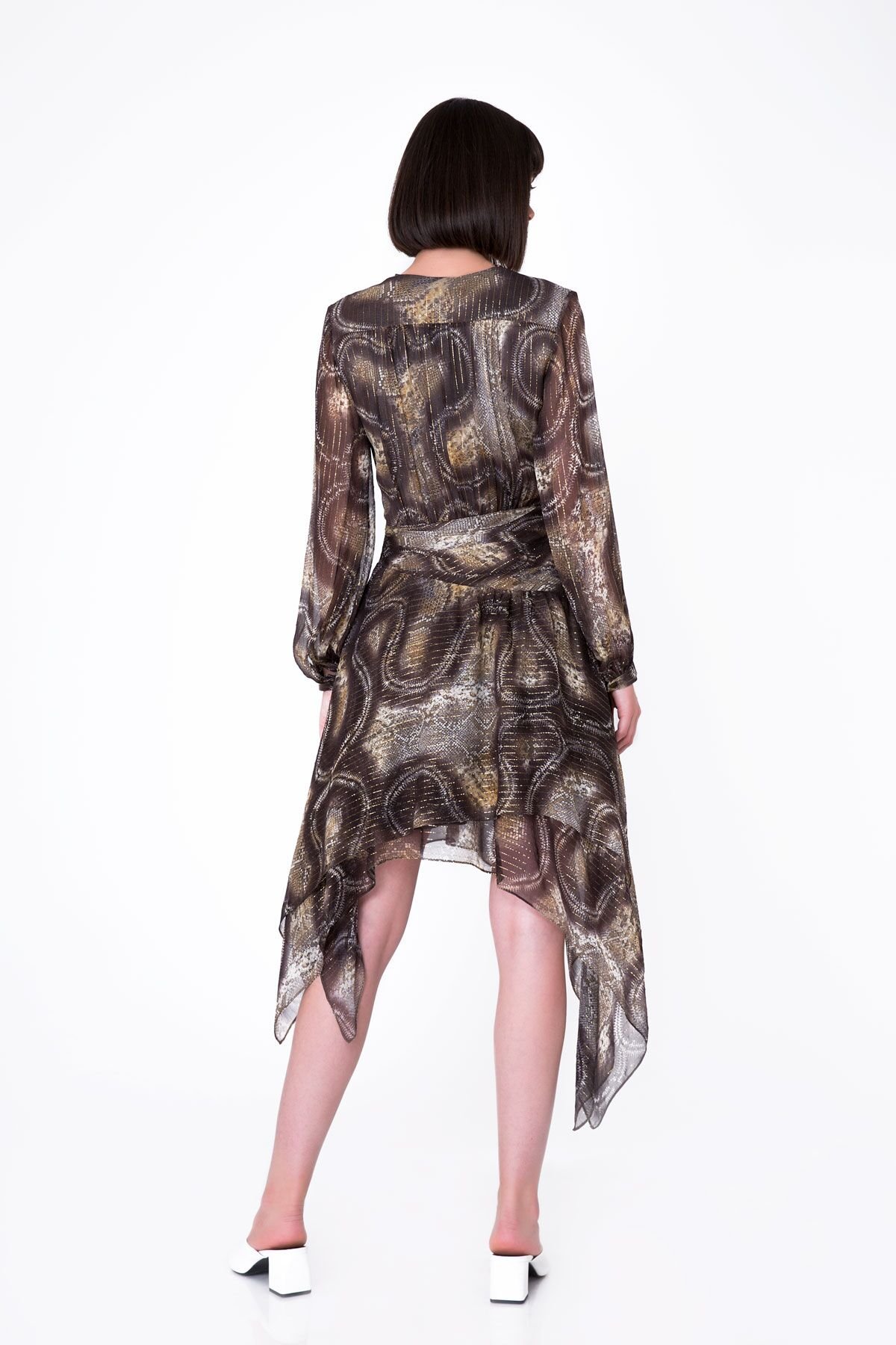 Glittery Snake Pattern Chiffon Deep V Neck Midi Length Dress