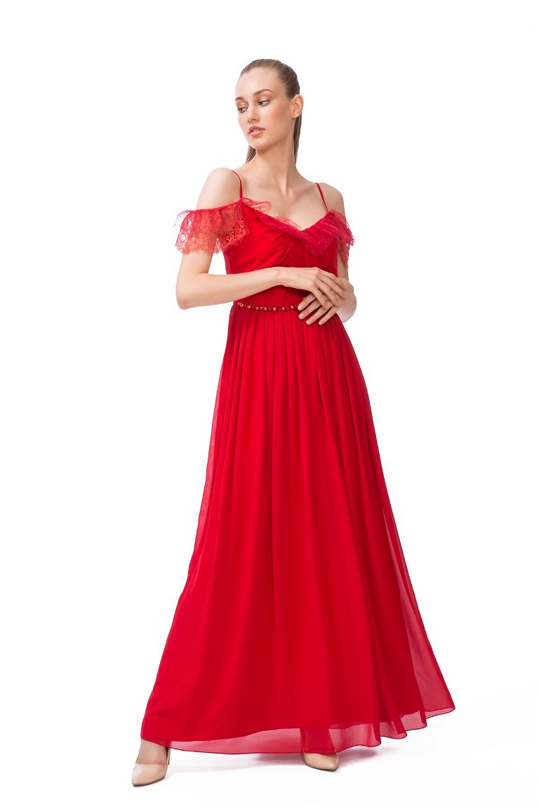  GIZIA - Kolları Dantel Detaylı Kırmızı Gece Elbisesi