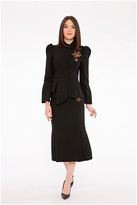 GIZIA - Applique Detailed High Waist Side Pleated Midi Black Skirt