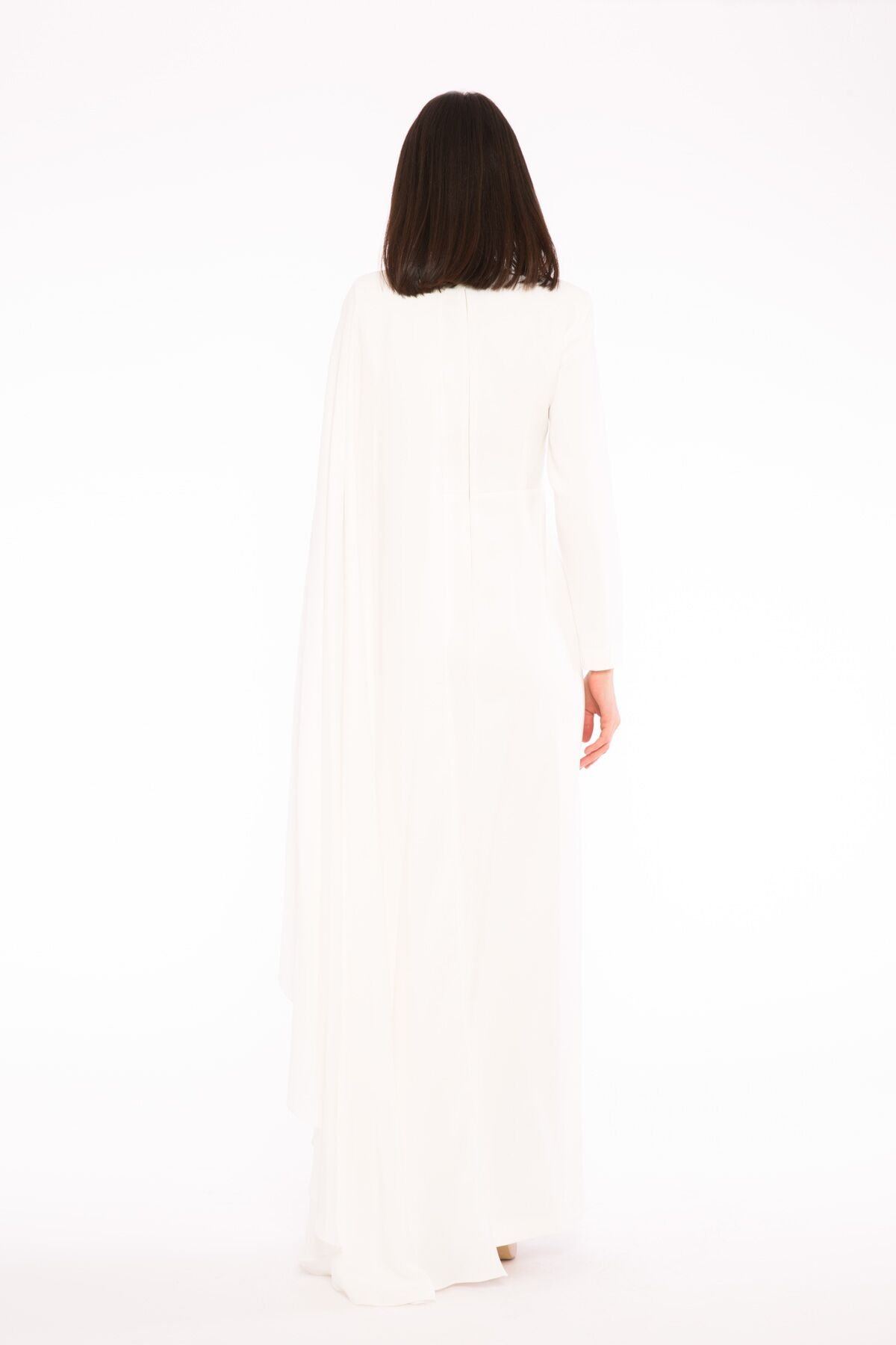 3D Embroidery Detailed Asymmetrical Cape Sleeve Long Ecru Evening Dress