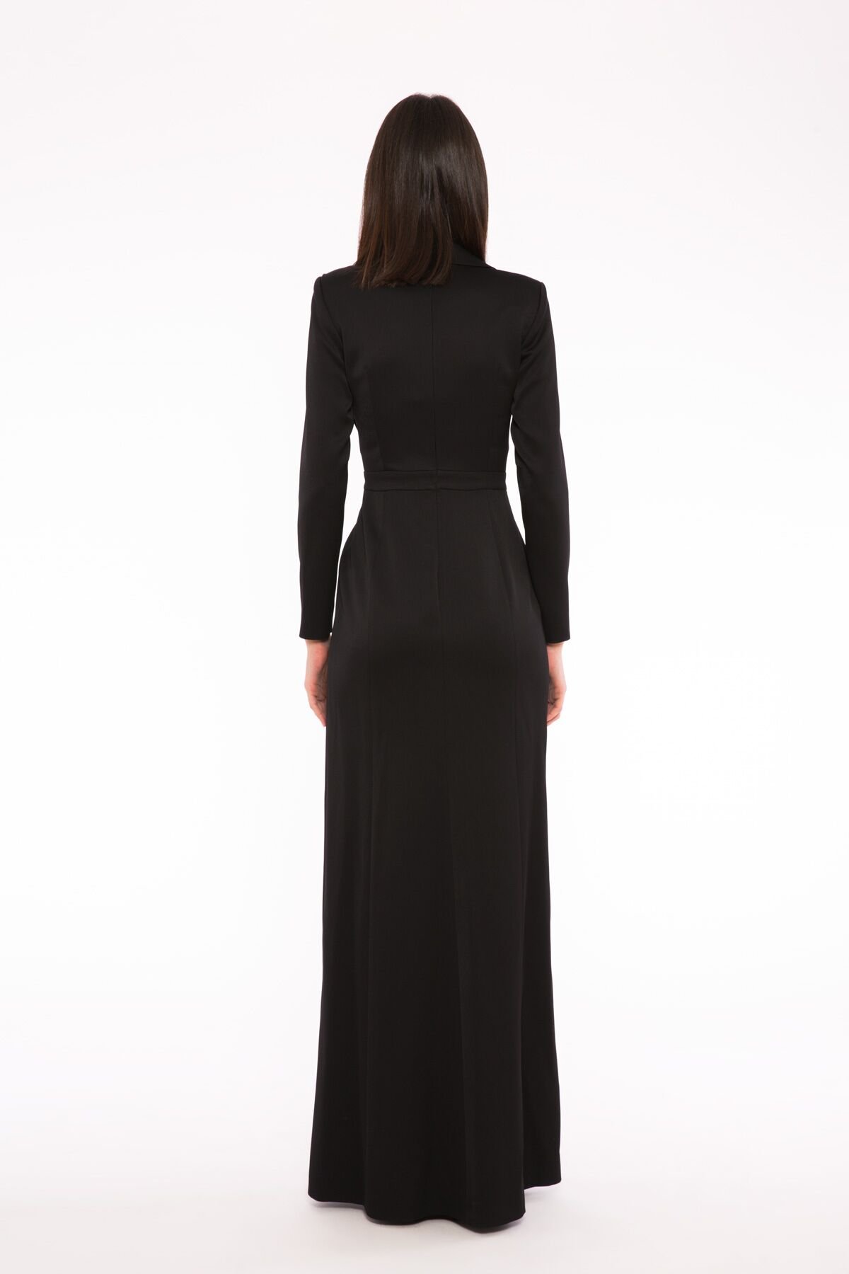 Long Black Evening Dress With Embroidery And Collar Detail