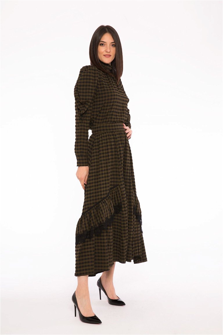 GIZIA - Knitted Belt, Lace And Ruffle Detailed Pleated Long Khaki Skirt