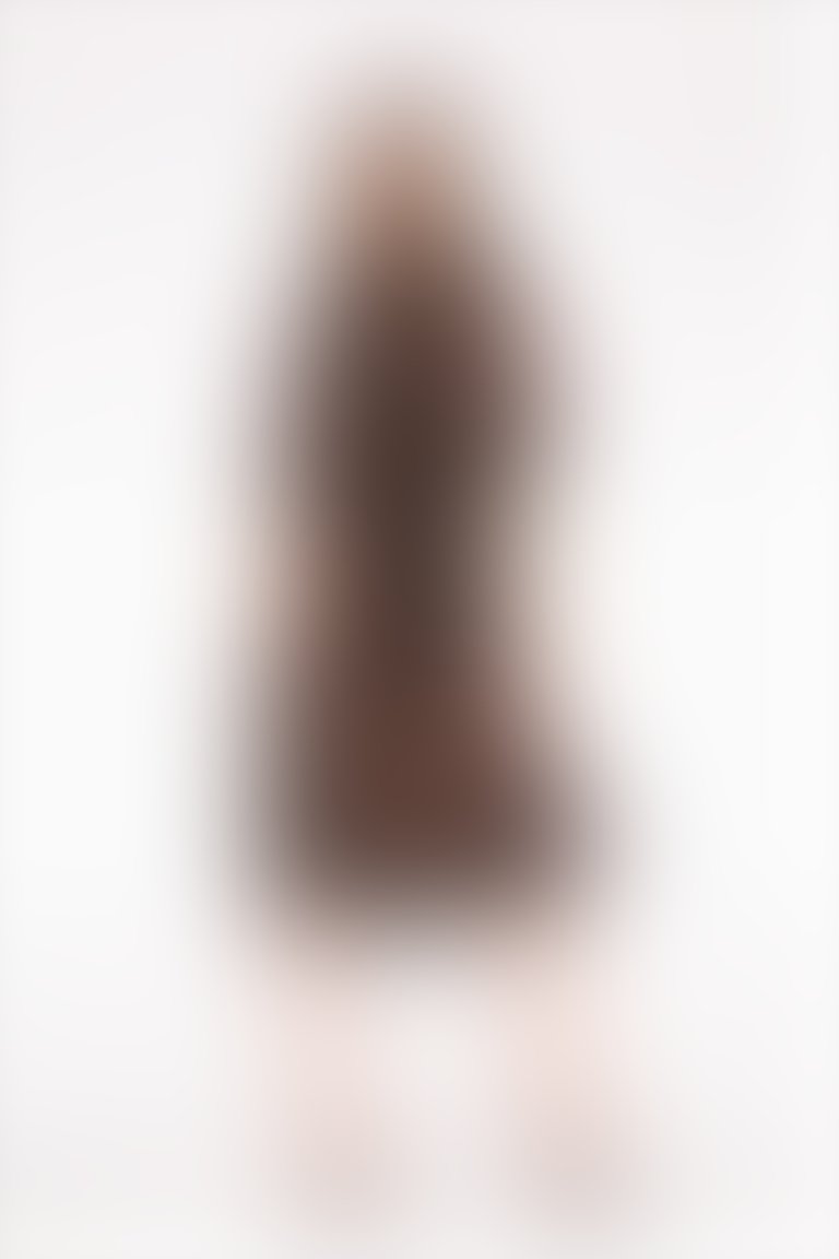 Glittery Striped Detail Grand Collar Midi Length Brown Dress