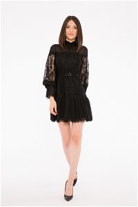 GIZIA - Ruffle Detailed Standing Neck Mini Length Lace Black Party Dress
