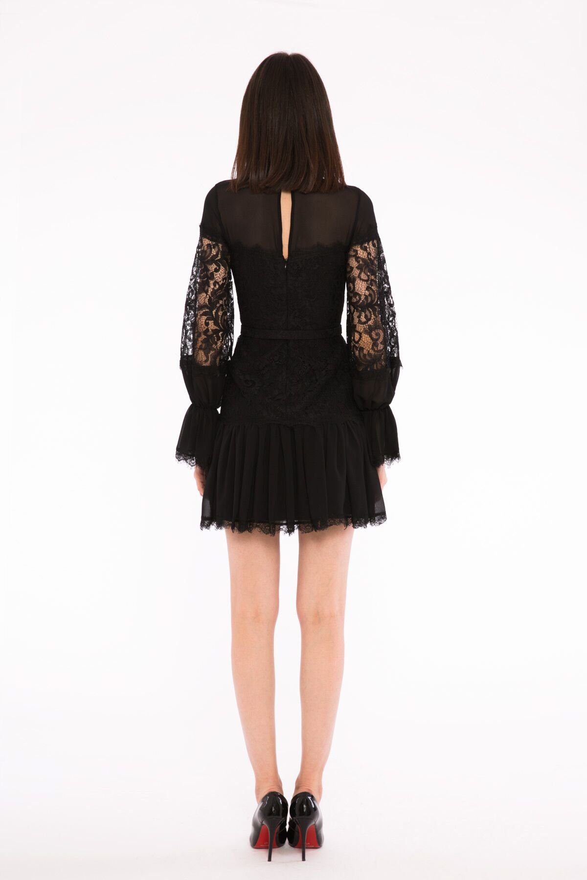 Ruffle Detailed Standing Neck Mini Length Lace Black Party Dress