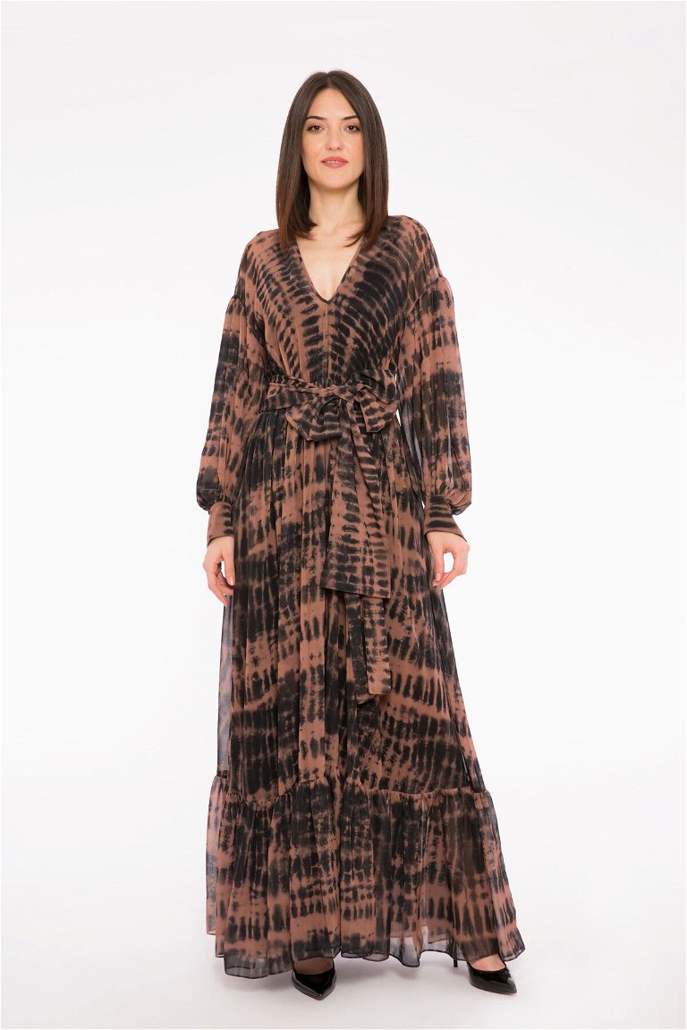GIZIA - Leopard Pattern V-Neck Long Brown Dress