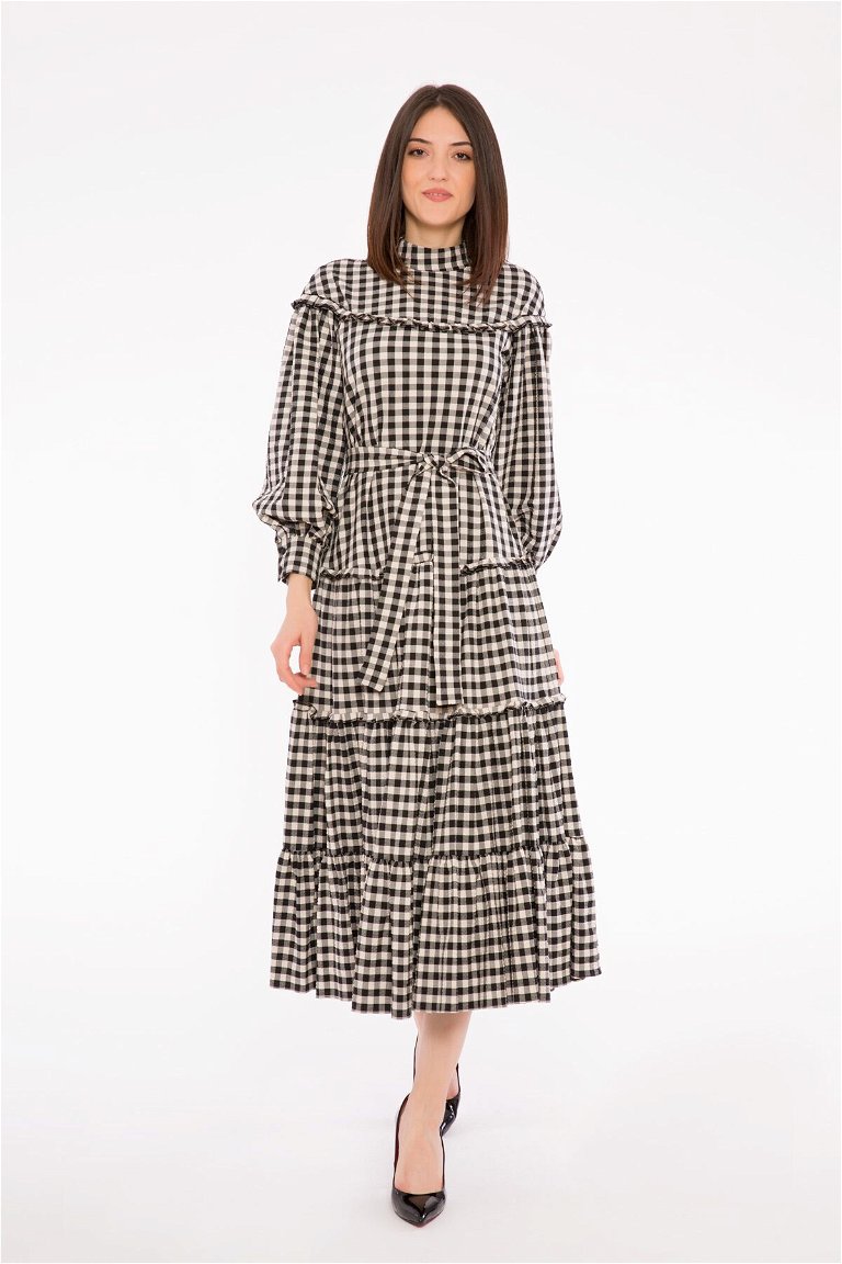 GIZIA - Ruffle Detailed Embroidered Accessory Plaid Black Long Dress