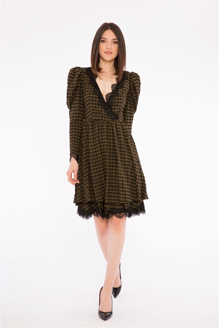 GIZIA - Lace Detailed, Watermelon Sleeve, Plaid Mini Length Khaki Dress