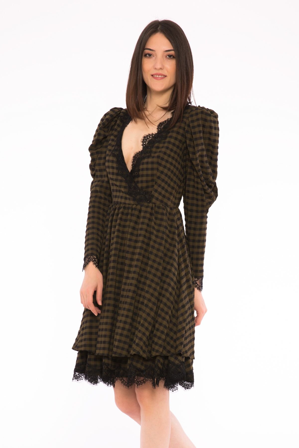 Lace Detailed, Watermelon Sleeve, Plaid Mini Length Khaki Dress