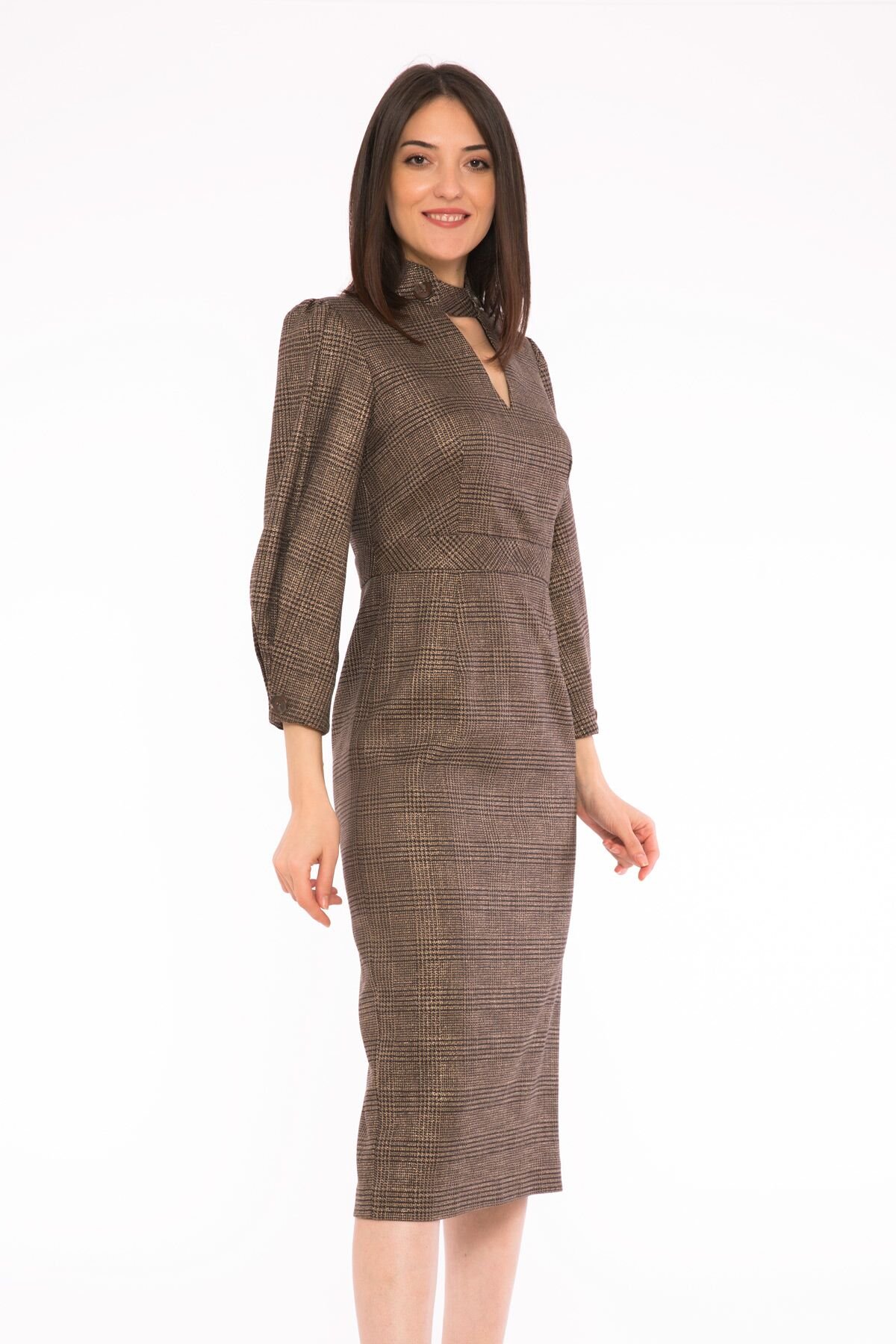 Metallic Plaid Fabric, Stand-Up Collar Midi Pencil Dress