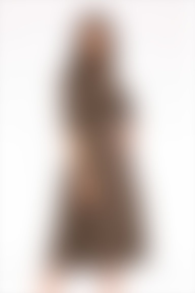 Kemer Detaylı Metalik Ekose Kumaş Flare Etek Kahverengi Midi Elbise