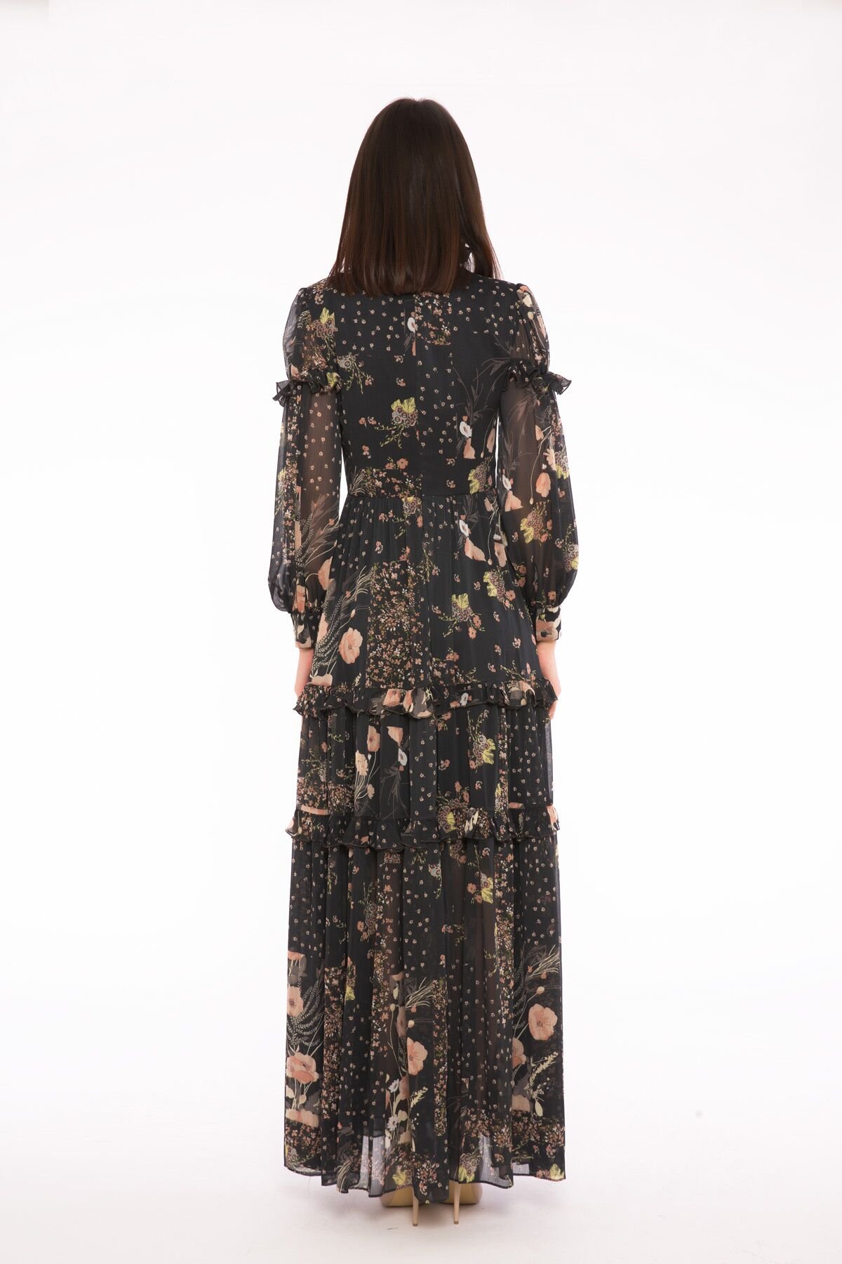 Fırfır Detaylı Bağcık Yakalı Uzun Desenli Şifon Elbise