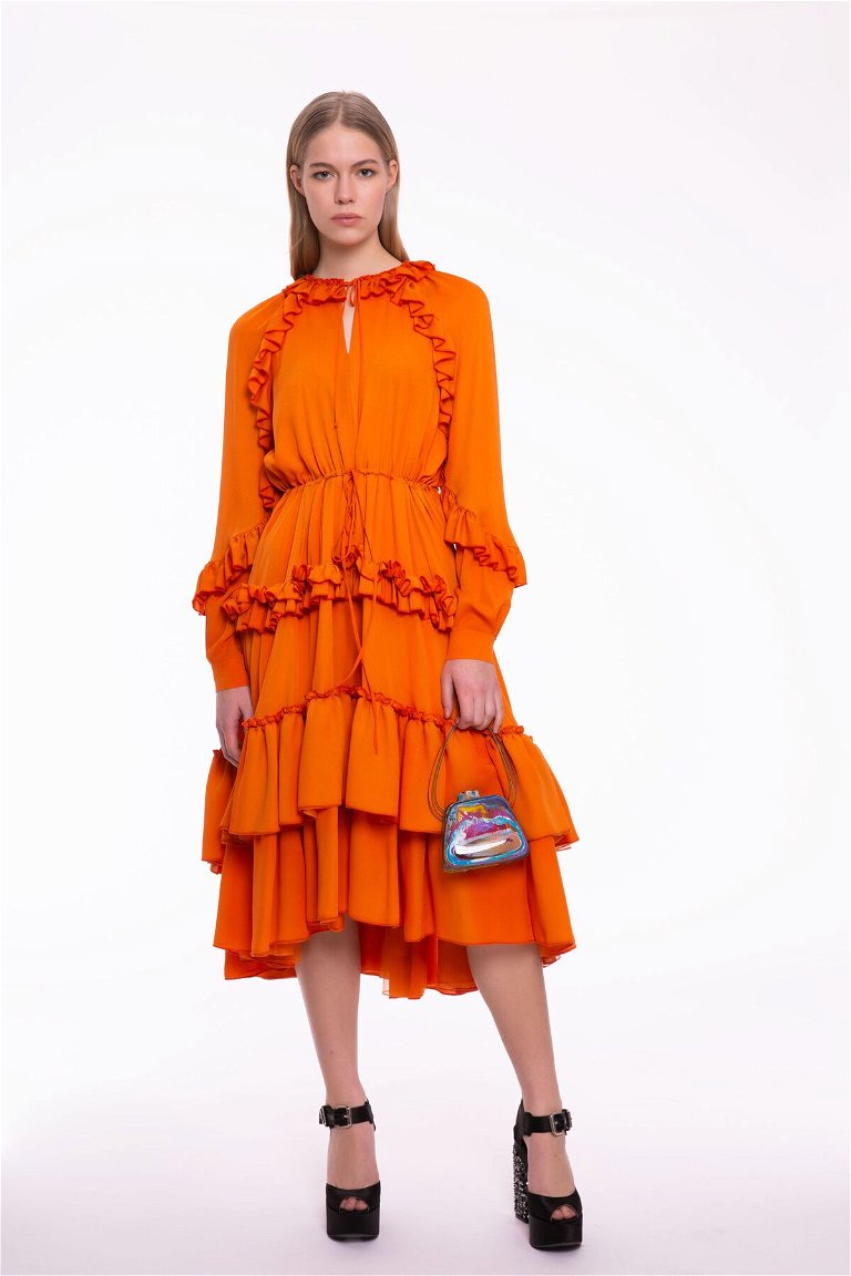  GIZIAGATE - Ruffle Detailed Orange Midi Dress