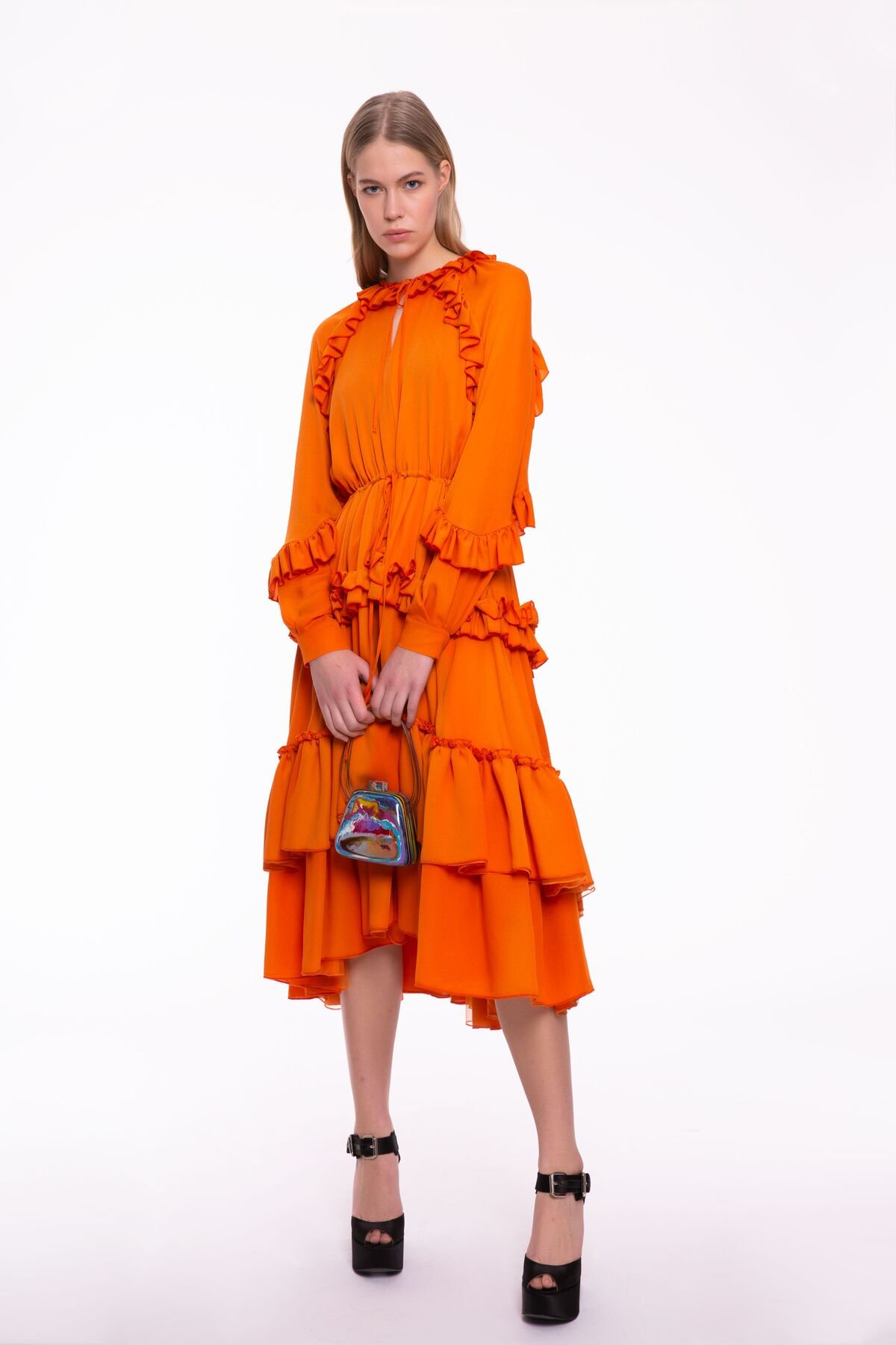 Ruffle Detailed Orange Midi Dress